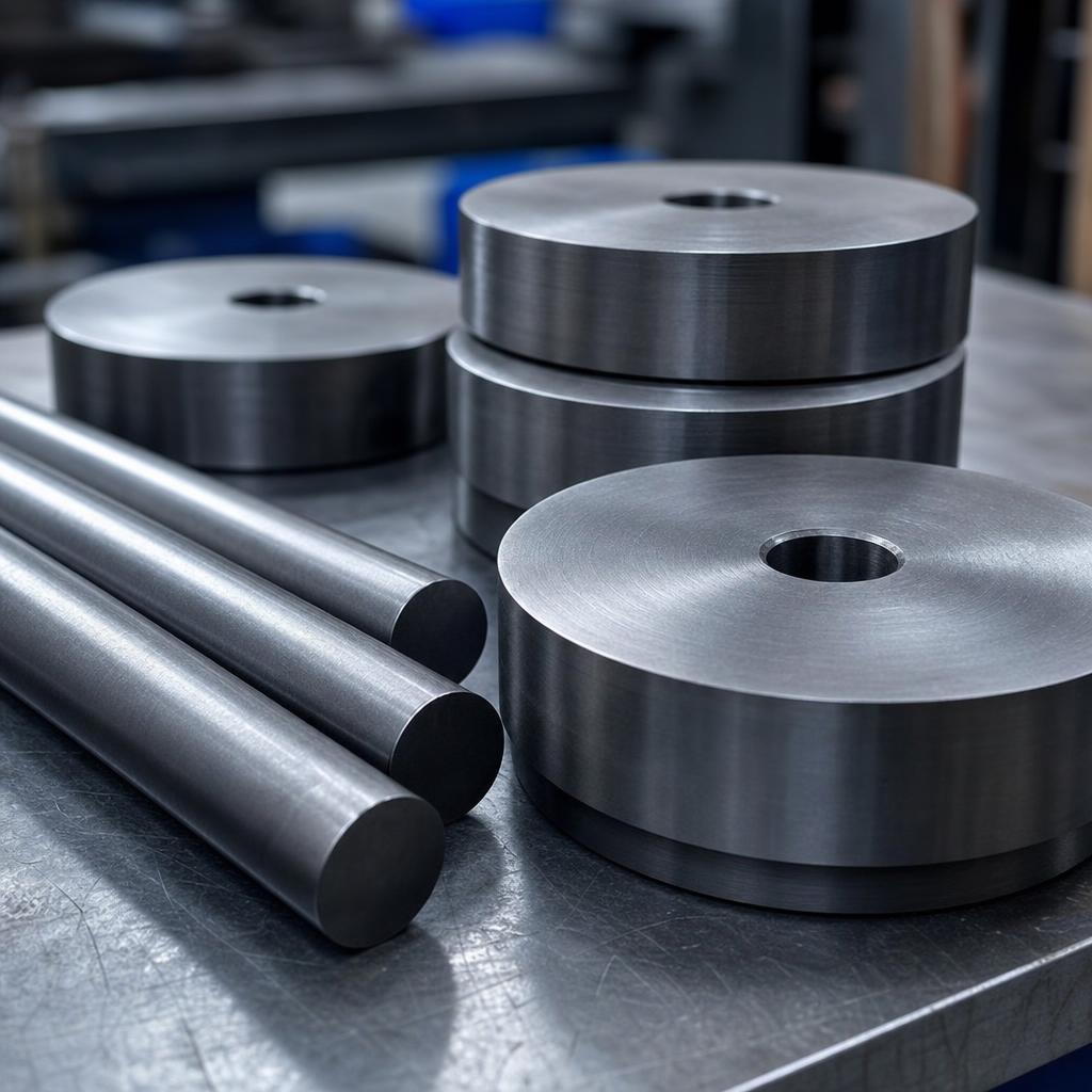 A machinist measuring a dense metal counterweight with precision callipers on a workshop bench.