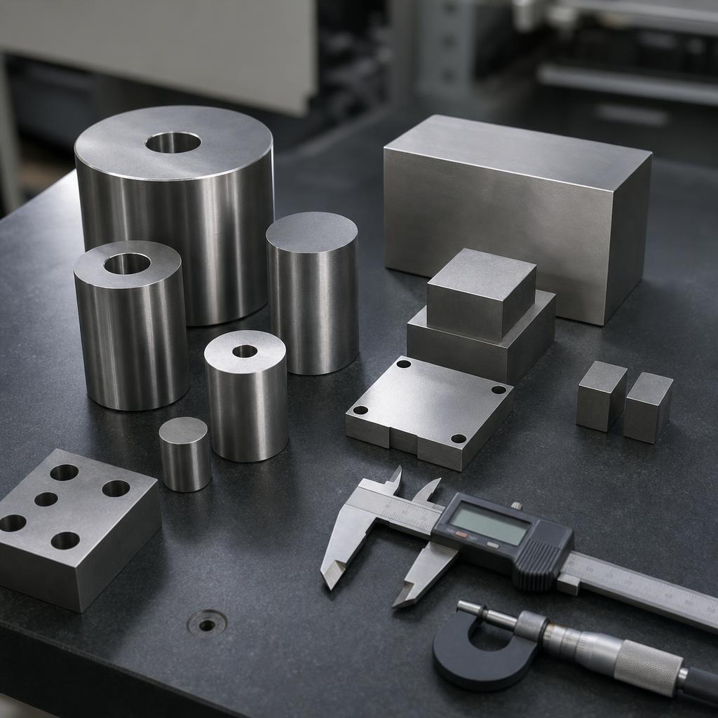 Rows of finished tungsten alloy components laid out under inspection lighting for quality checks.