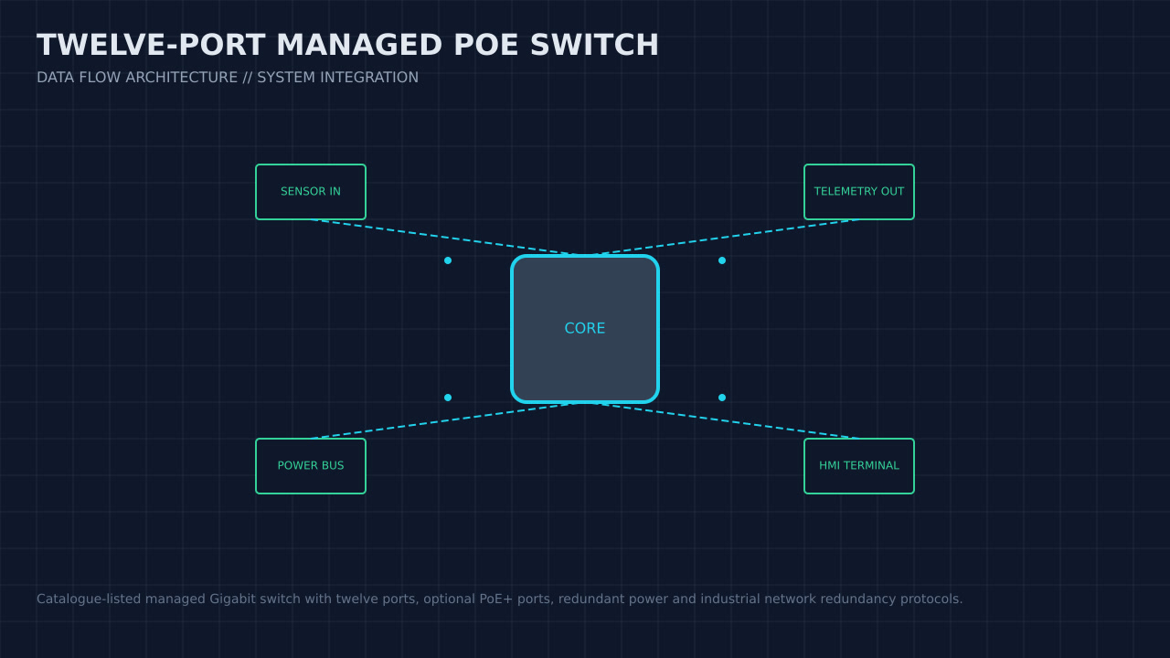 Illustration, not a photograph, of the twelve-port managed poe switch configuration and its published integration boundary.