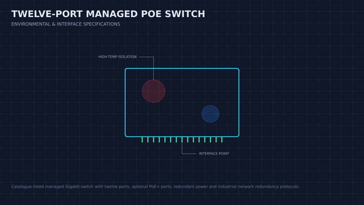 Illustration, not a photograph, of a technical review of the twelve-port managed poe switch record.