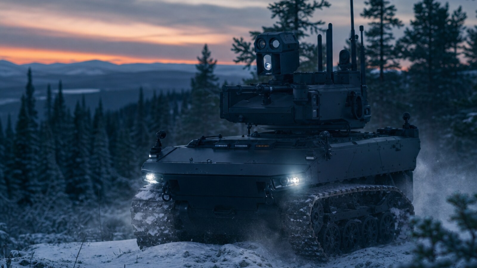 A tracked robotic ground vehicle with sensor turret operating autonomously in a winter forest, no crew aboard.