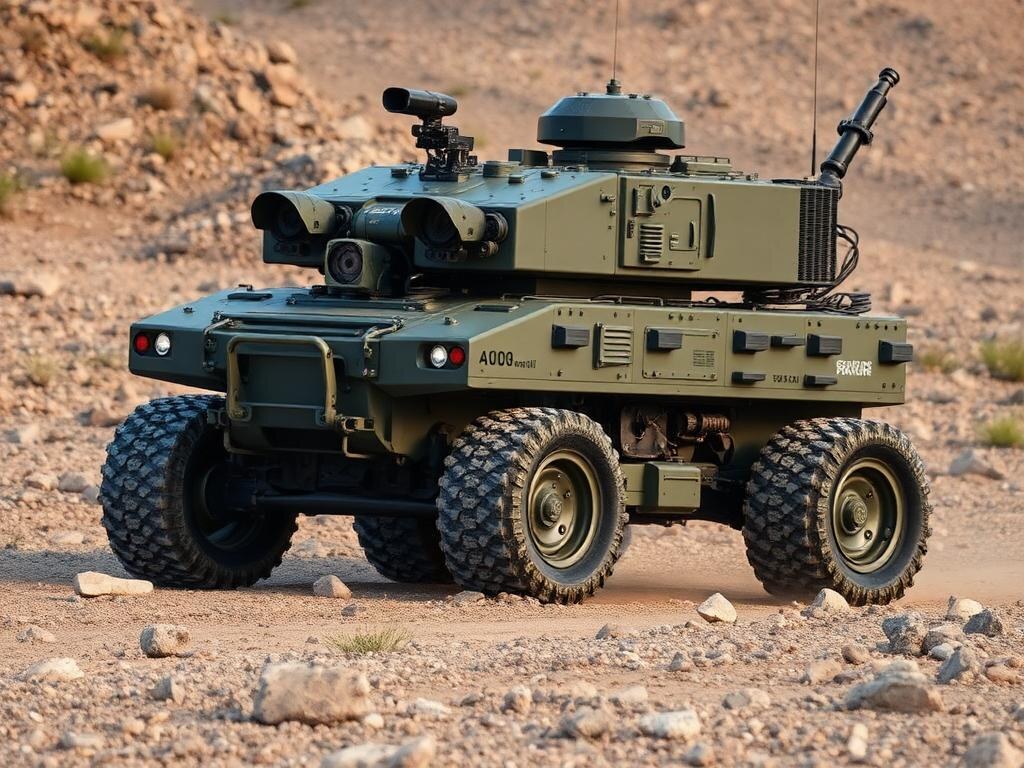 A wheeled unmanned ground platform equipped with sensor and weapons modules for autonomous operation in rough terrain.