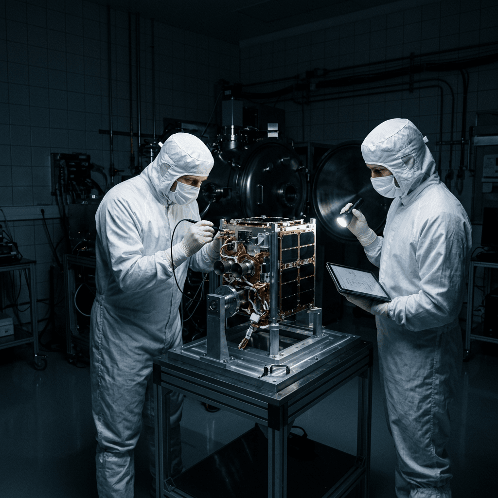 Une antenne de station sol se découpant sur un ciel dégagé, suivant un satellite au passage.