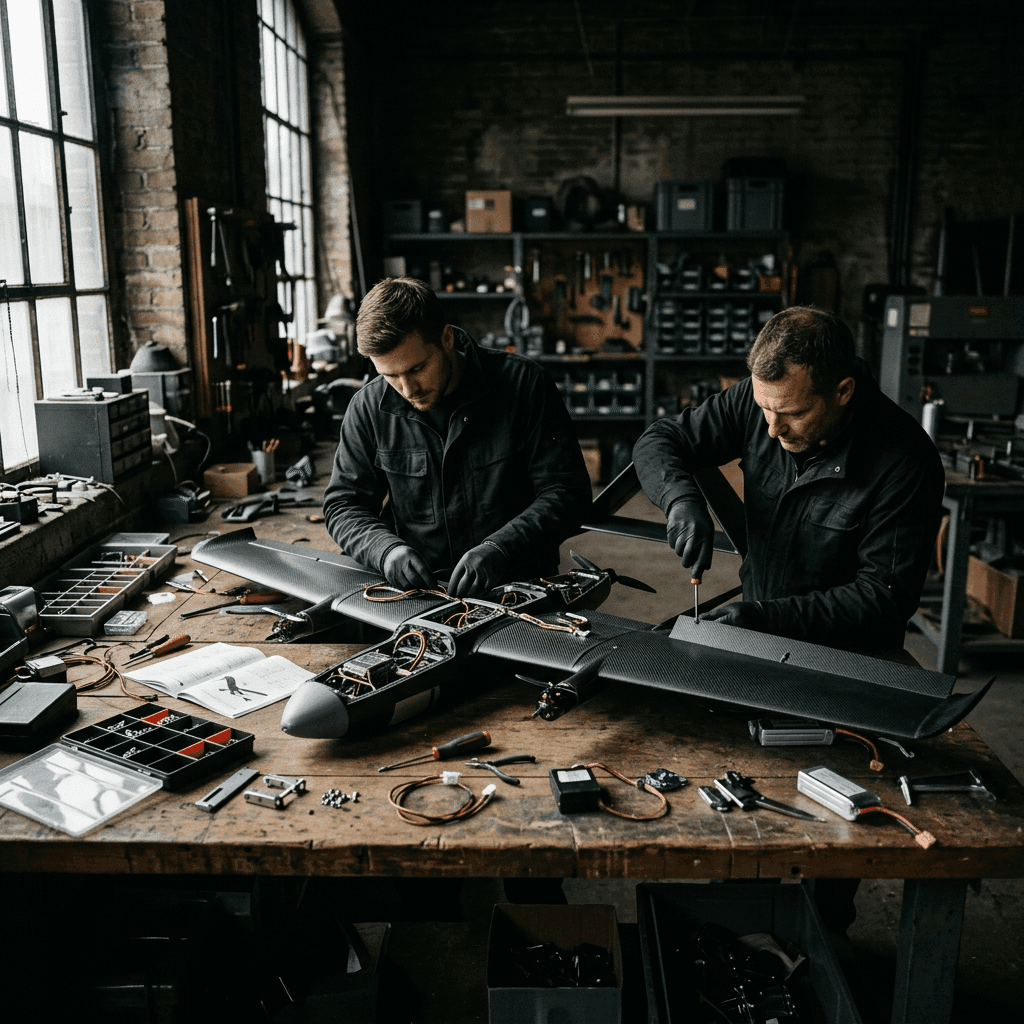 Uniformed operators assembling small unmanned aircraft from component kits at a field workbench.