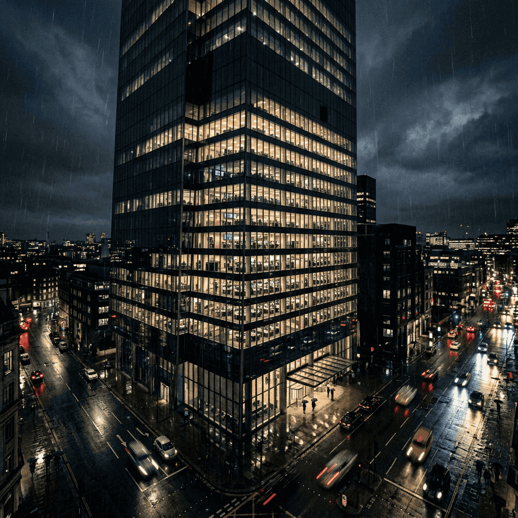 A financial-institution security operations floor at night, analysts watching transaction and threat dashboards.