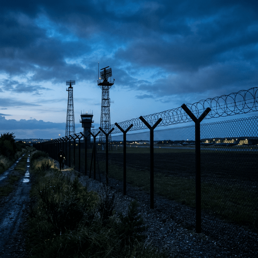 A defended military base at dusk with layered protective zones marked across the perimeter.
