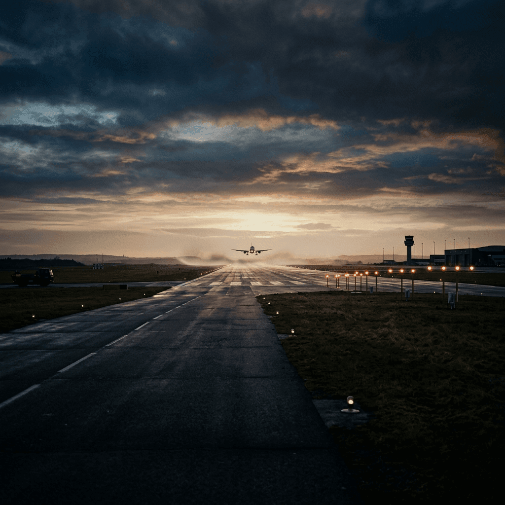 An airfield at dawn with an aircraft on approach and a wide, exposed runway apron in the foreground.