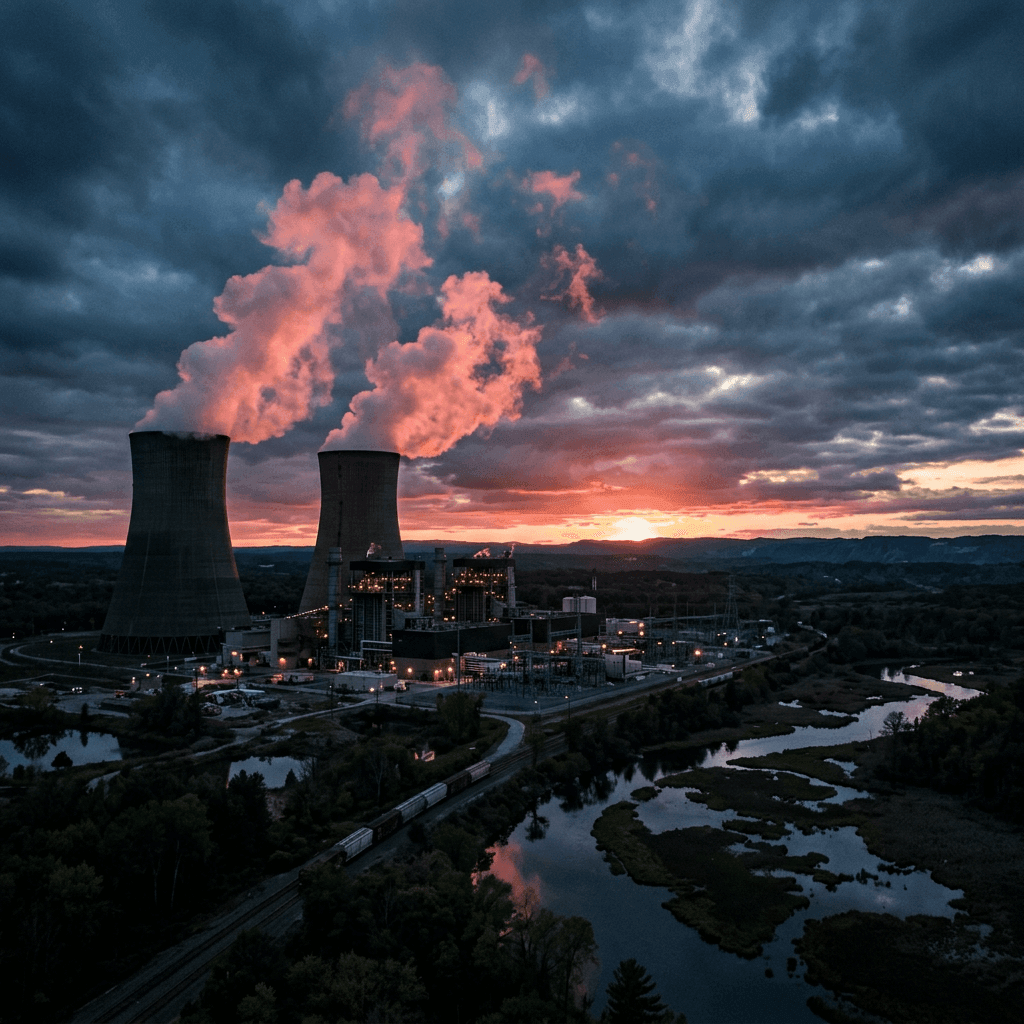 A high-voltage substation and transmission towers at dusk against an industrial skyline.