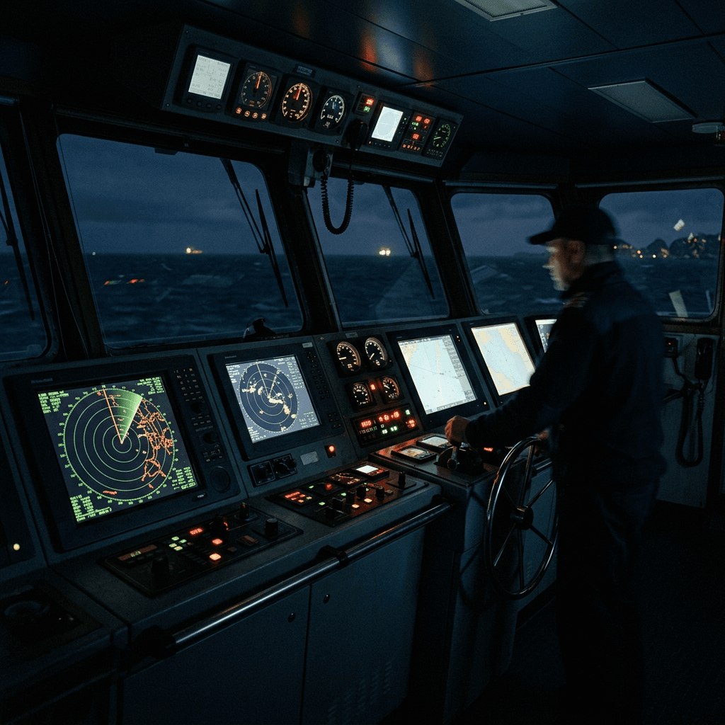 La passerelle d'un navire la nuit, écrans de navigation et systèmes de contrôle en réseau visibles.