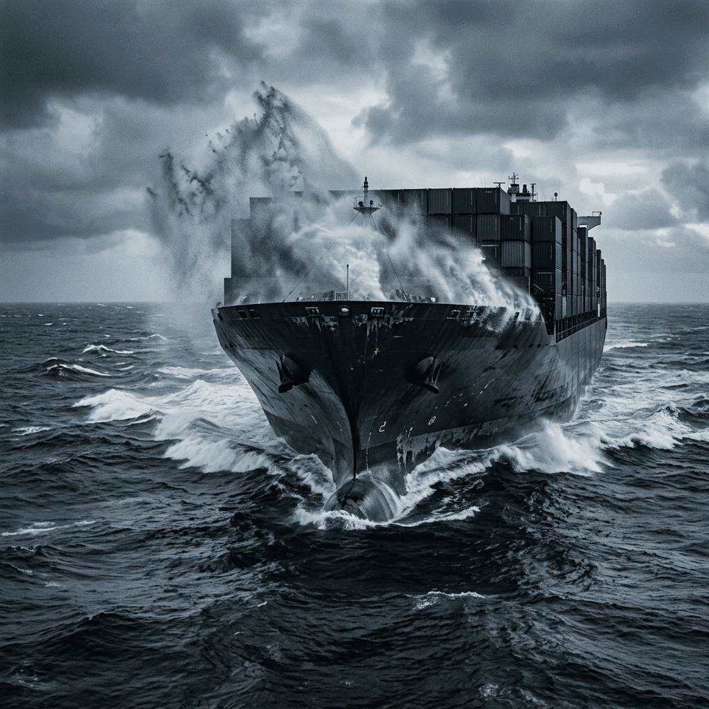 A large container vessel at sea at dusk, its bridge and navigation systems lit against the horizon.