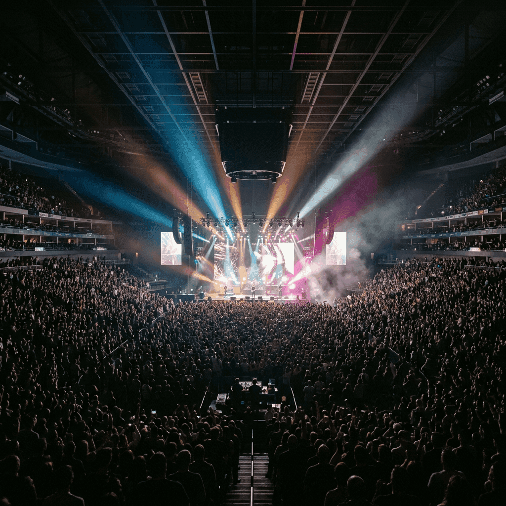 A full stadium under lights during an event, the crowd and pitch seen from above.