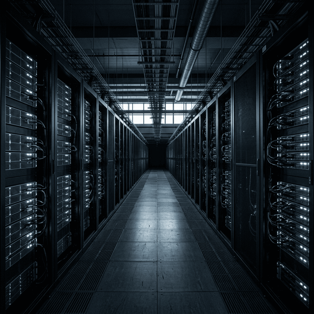 The interior of a modern data centre, rows of racks receding into structured lighting.