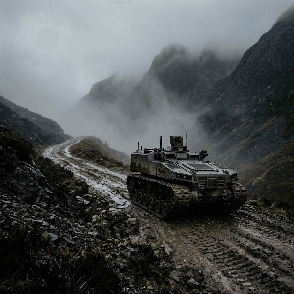 An unmanned ground vehicle moving ahead of a dismounted team along an uncertain route.