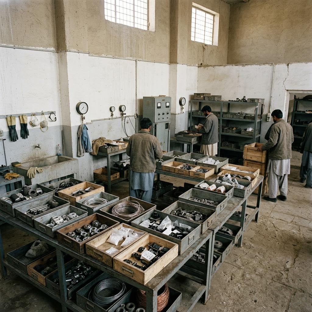 Afghanistan under Taliban control laboratory materials room showing arms and military materiel equipment and a restrained supply-chain scene.