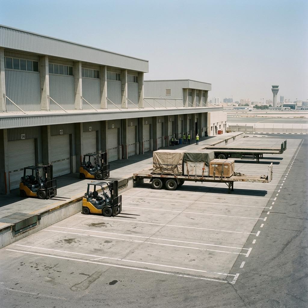 Bahrain empty loading area showing f-16 fighters and upgrades equipment and a restrained supply-chain scene.