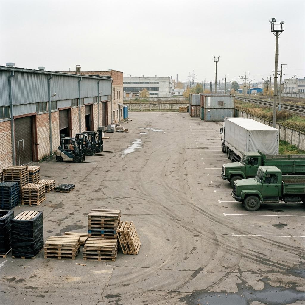 Belarus empty loading area showing arms and internal-repression equipment equipment and a restrained supply-chain scene.