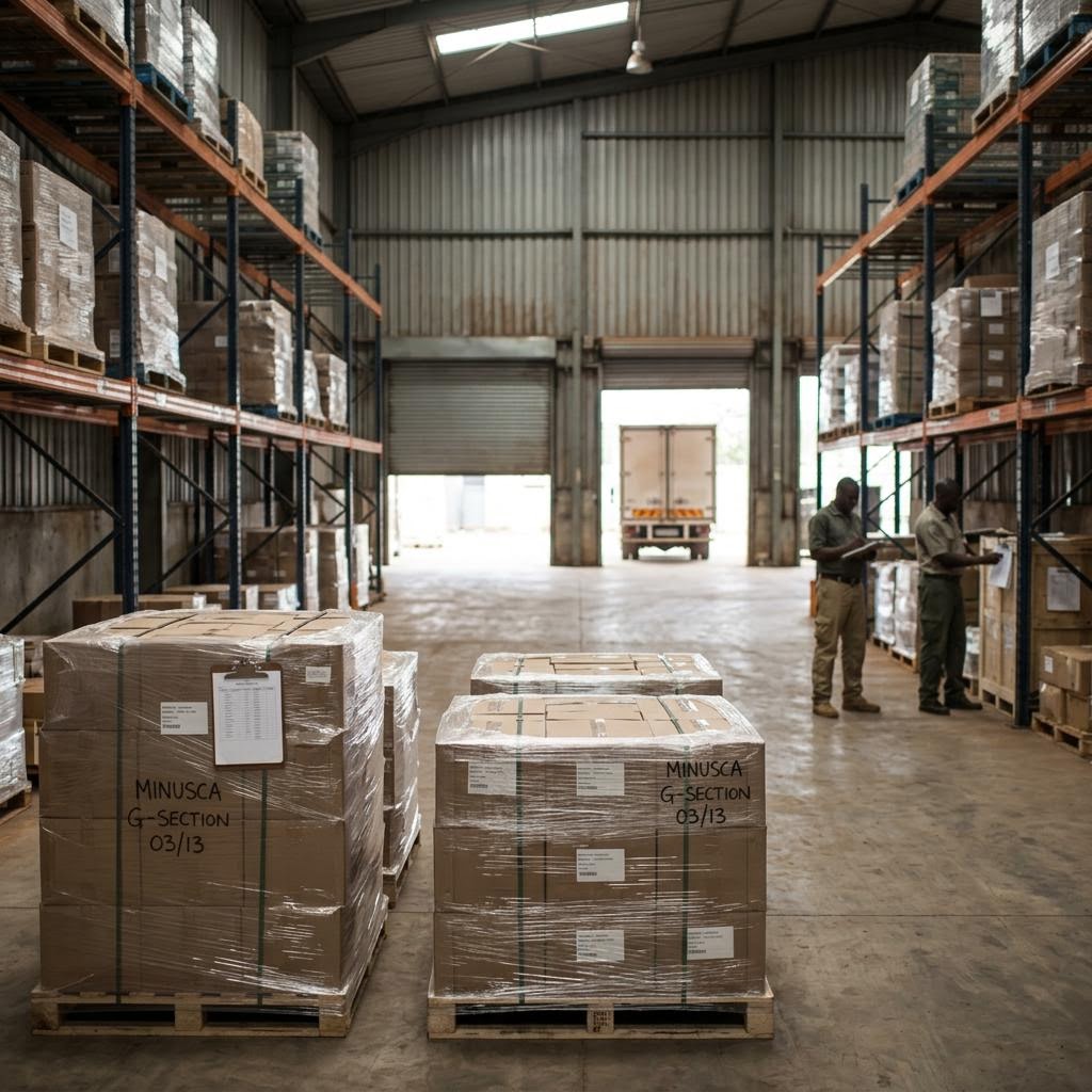 Central African Republic secured warehouse showing arms and military materiel equipment and a restrained supply-chain scene.