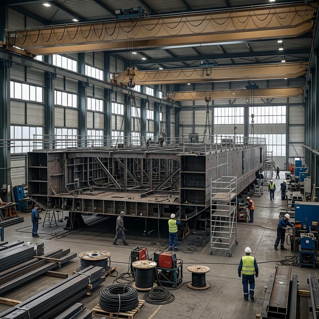Switzerland shipyard hall showing domestic defence-industrial viability and export market access equipment and a restrained supply-chain scene.