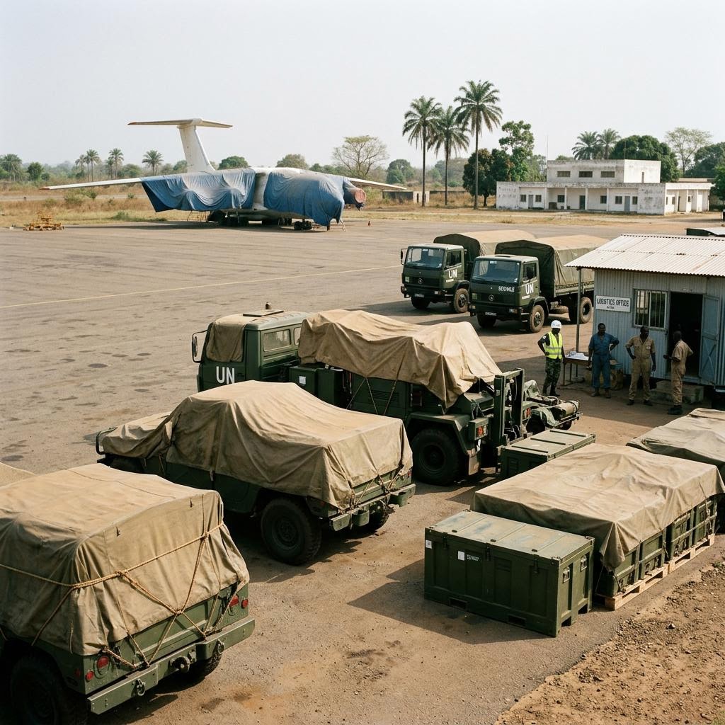Côte d’Ivoire airfield support apron showing arms and military materiel equipment and a restrained supply-chain scene.