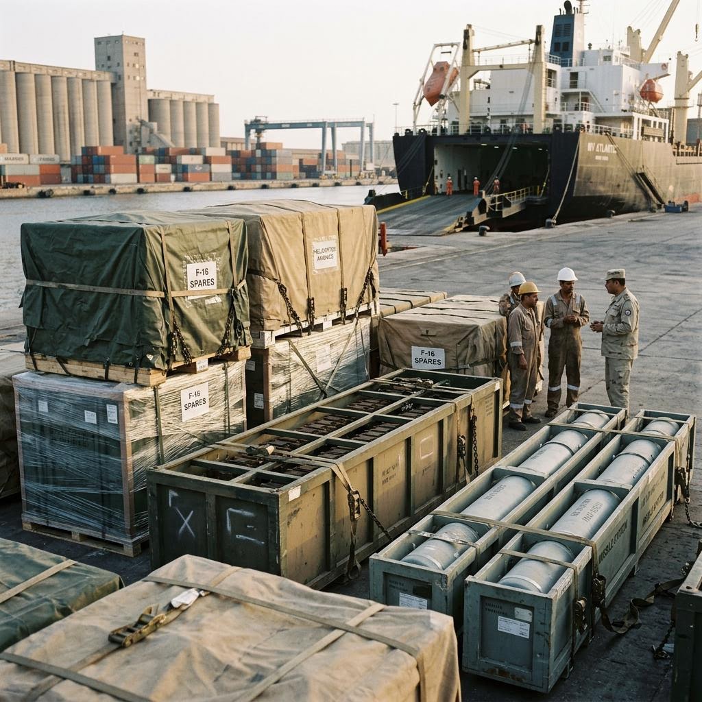 Egypt quiet port berth showing f-16s, apache helicopters, harpoon missiles and m1a1 tank kits equipment and a restrained supply-chain scene.