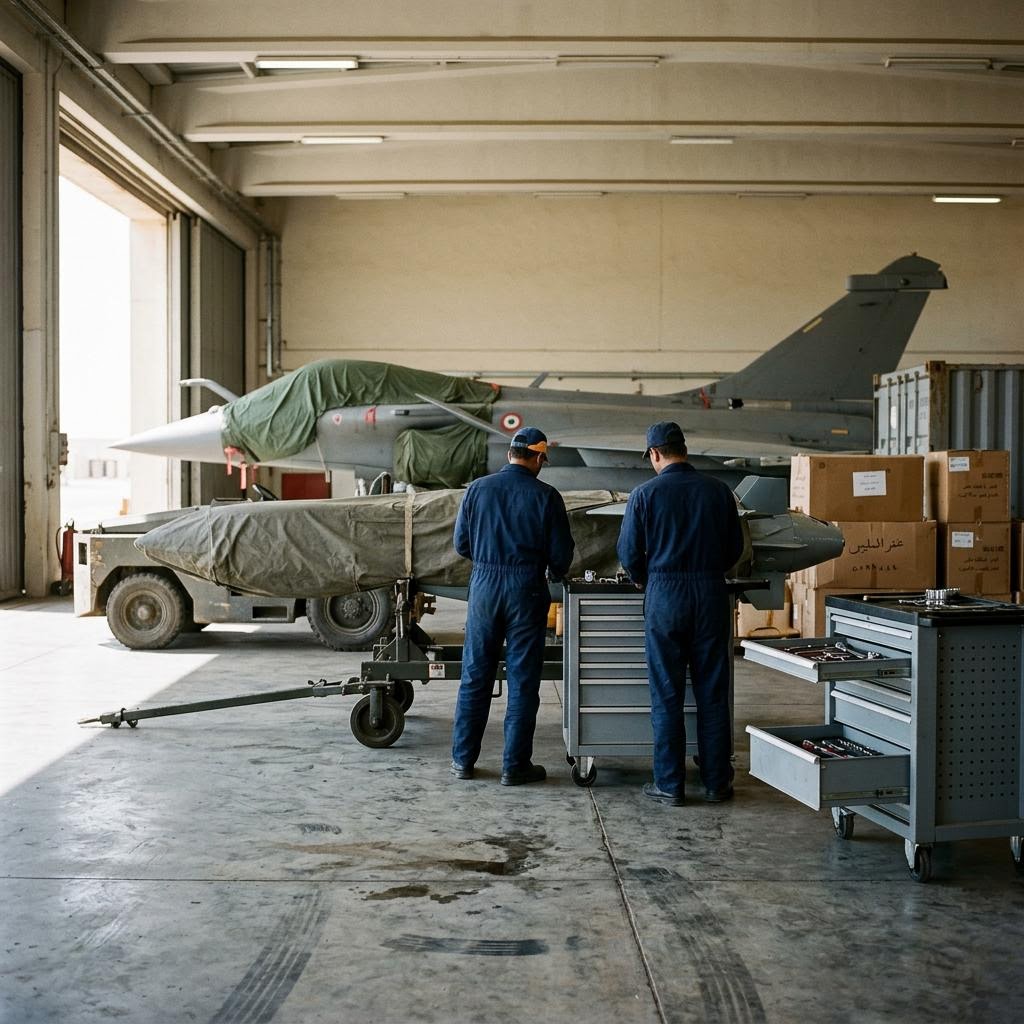 Egypt maintenance bay showing scalp cruise missiles and follow-on rafale aircraft equipment and a restrained supply-chain scene.