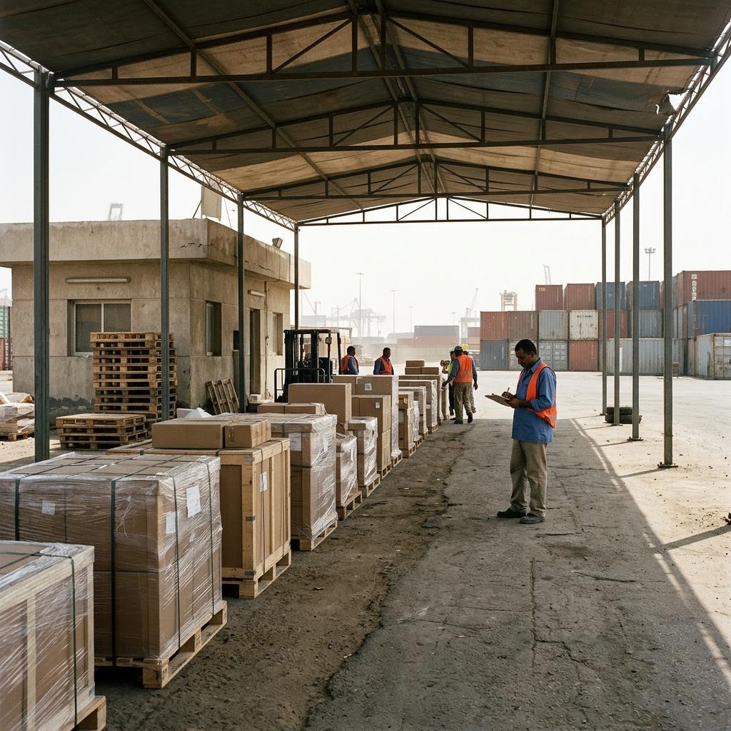 Egypt inspection queue showing arms and equipment usable for internal repression equipment and a restrained supply-chain scene.
