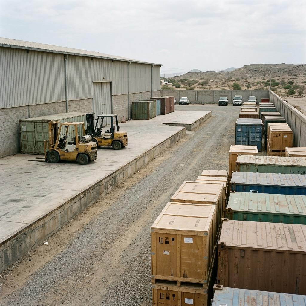 Eritrea empty loading area showing arms and military materiel during war with ethiopia equipment and a restrained supply-chain scene.
