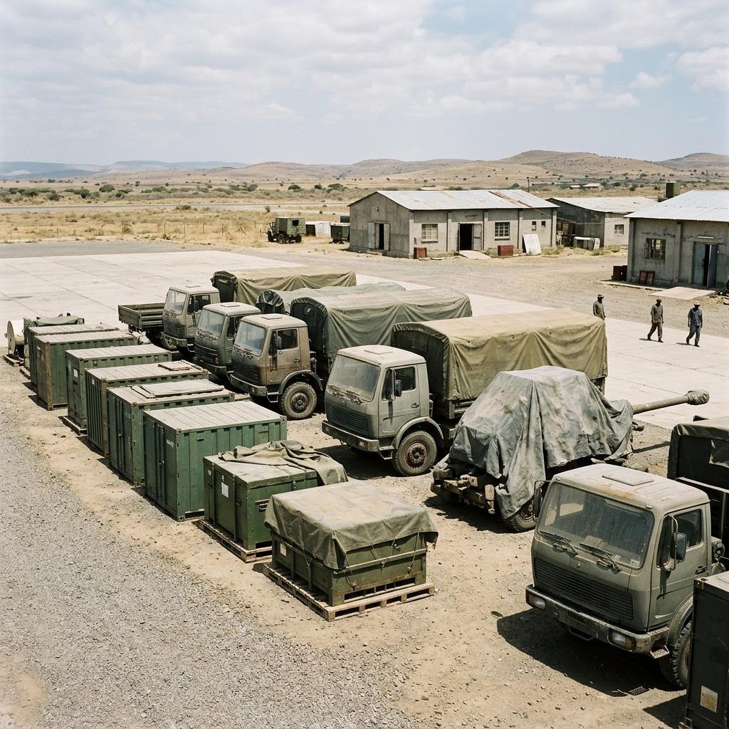 Eritrea airfield support apron showing arms and military materiel equipment and a restrained supply-chain scene.