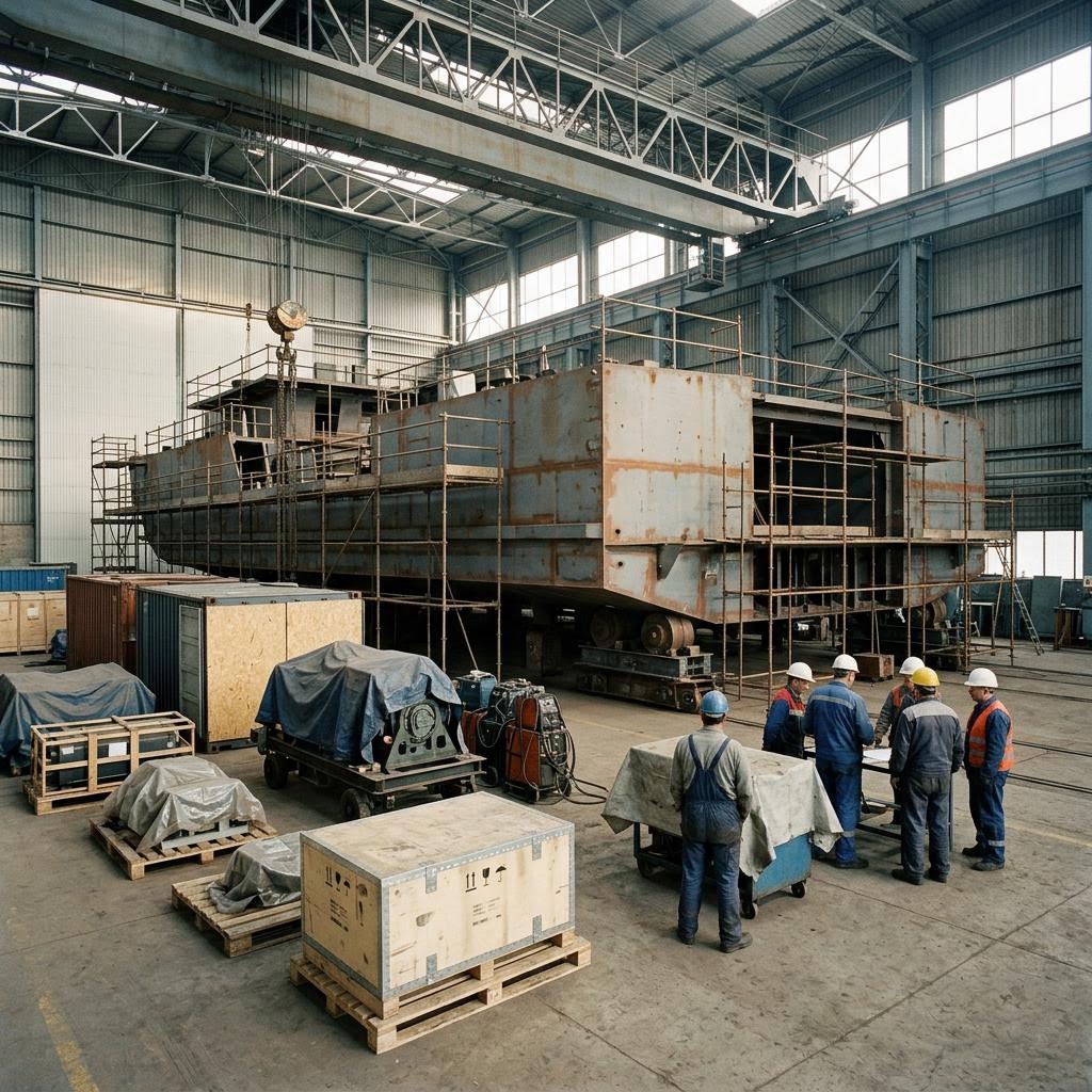 Georgia shipyard hall showing israeli unmanned aircraft and defence equipment equipment and a restrained supply-chain scene.