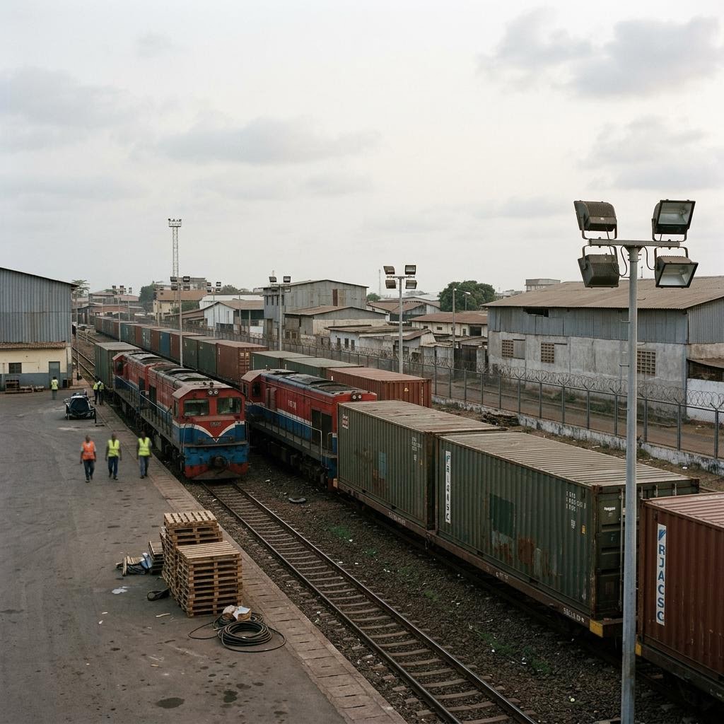 Guinea rail freight terminal showing arms and military equipment equipment and a restrained supply-chain scene.