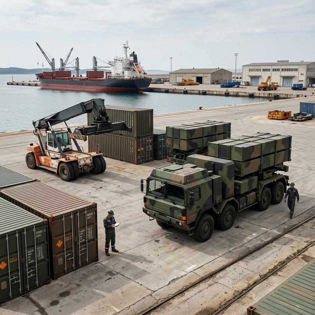 Croatia quiet port berth showing long-range multiple-launch rocket artillery equipment and a restrained supply-chain scene.