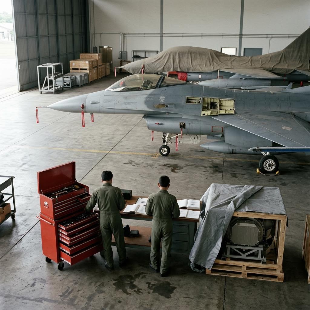 Indonesia maintenance bay showing f-16 fighter fleet equipment and a restrained supply-chain scene.