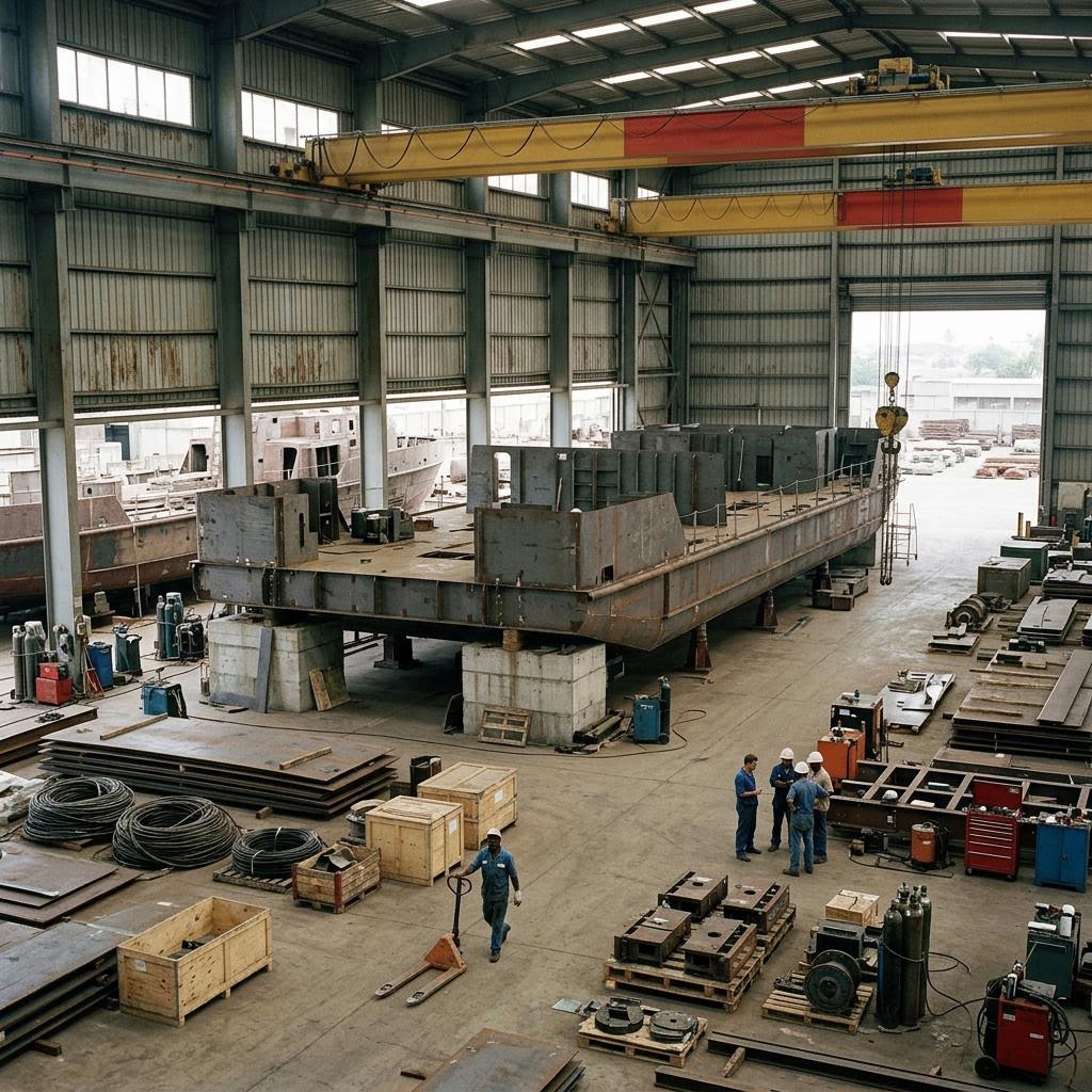 Liberia shipyard hall showing arms and military materiel equipment and a restrained supply-chain scene.