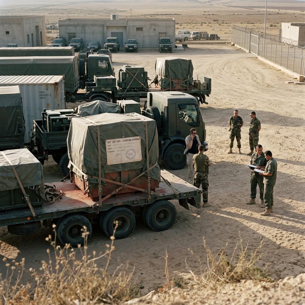 Libya training area showing arms and military materiel equipment and a restrained supply-chain scene.