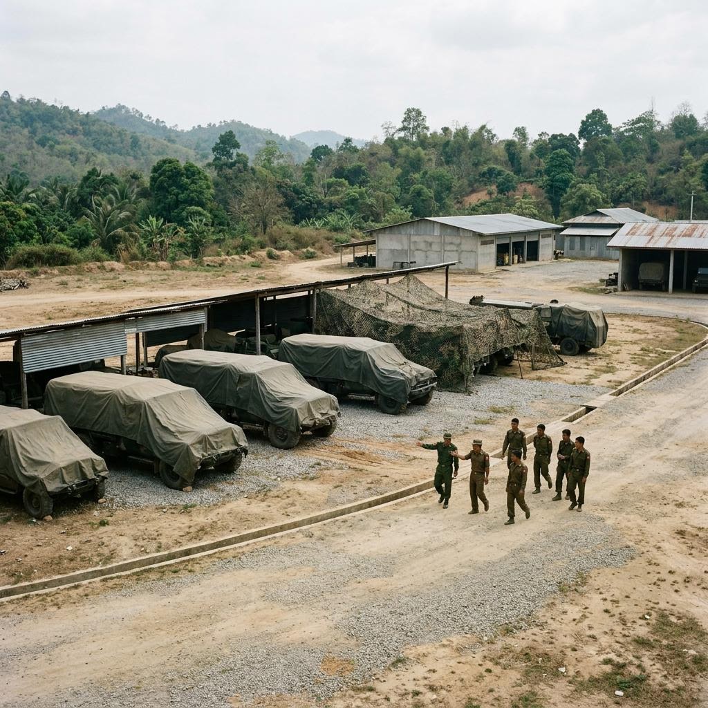 Myanmar training area showing arms and military equipment equipment and a restrained supply-chain scene.