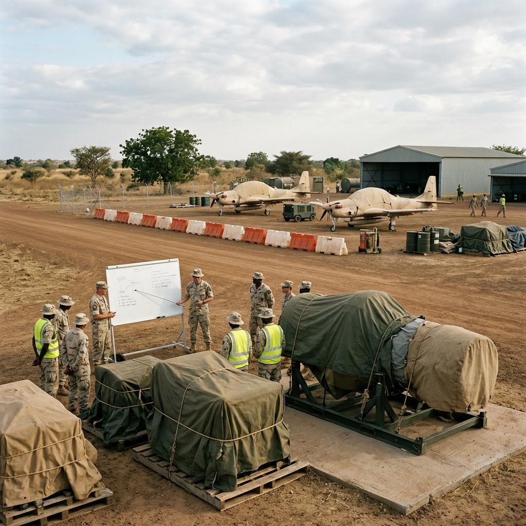 Nigeria training area showing a-29 super tucano light attack aircraft equipment and a restrained supply-chain scene.