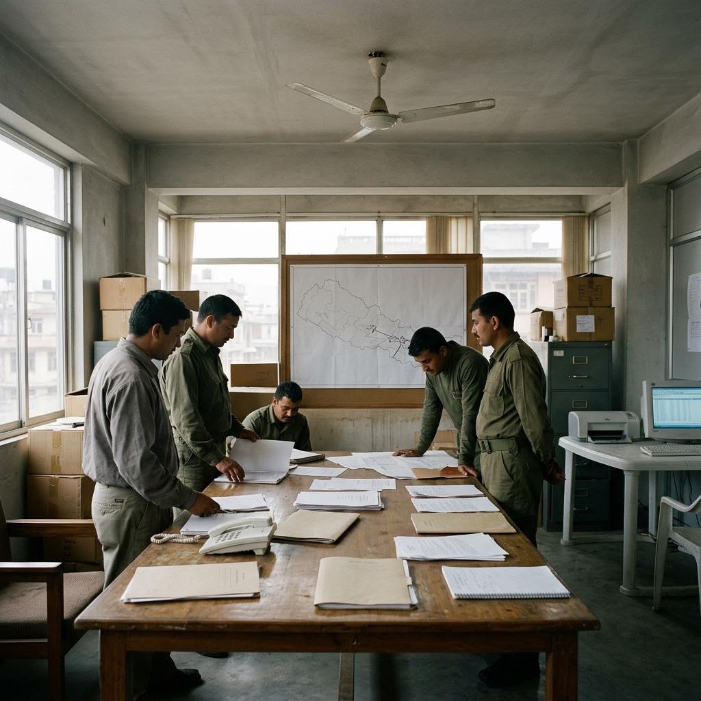 Nepal procurement room showing military aid during maoist insurgency equipment and a restrained supply-chain scene.
