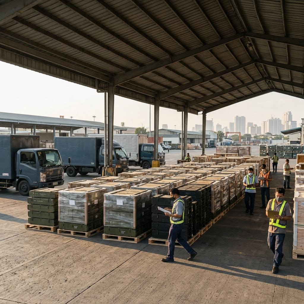 Philippines inspection queue showing 26,000 m4 rifles for national police equipment and a restrained supply-chain scene.