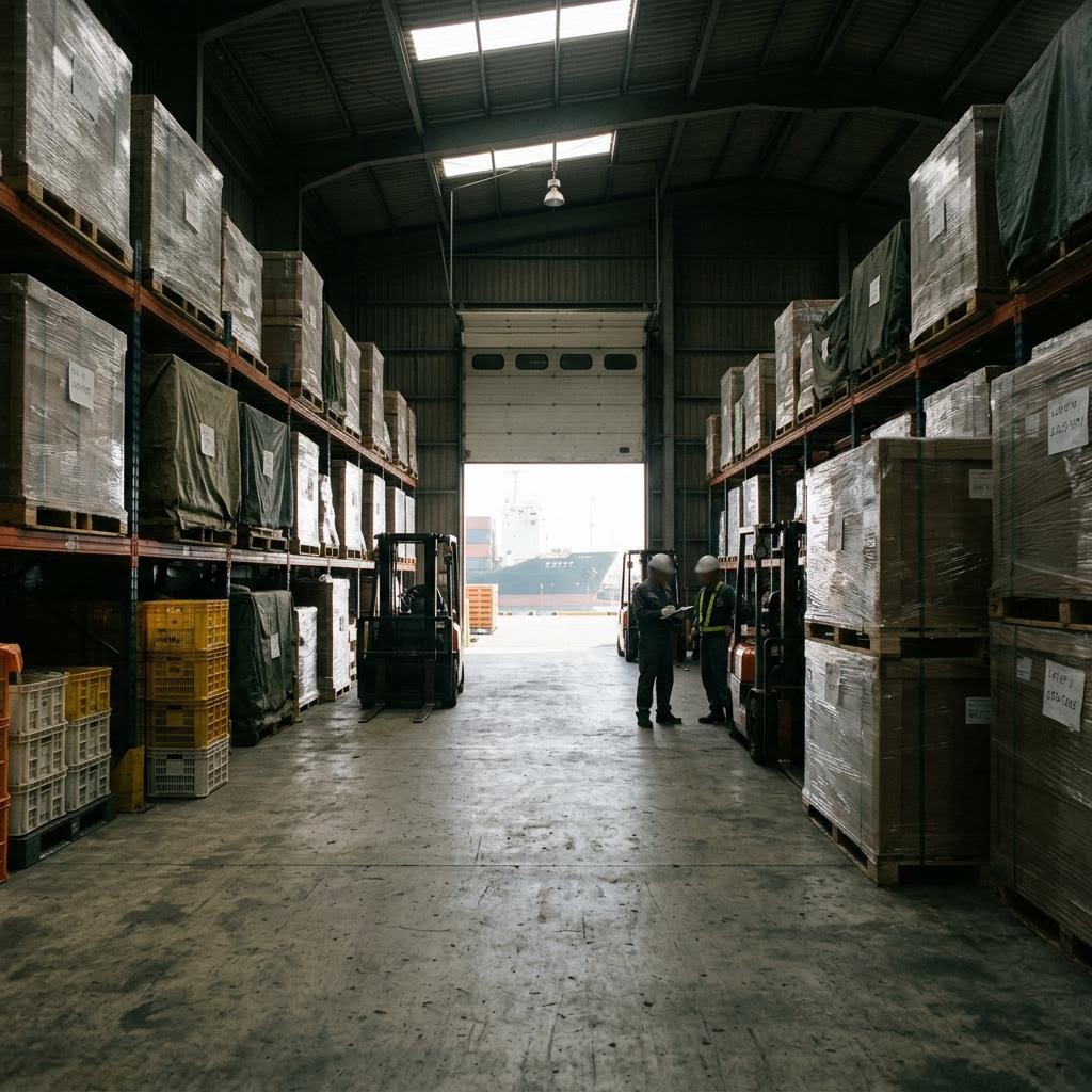 North Korea secured warehouse showing major conventional arms and related materiel equipment and a restrained supply-chain scene.