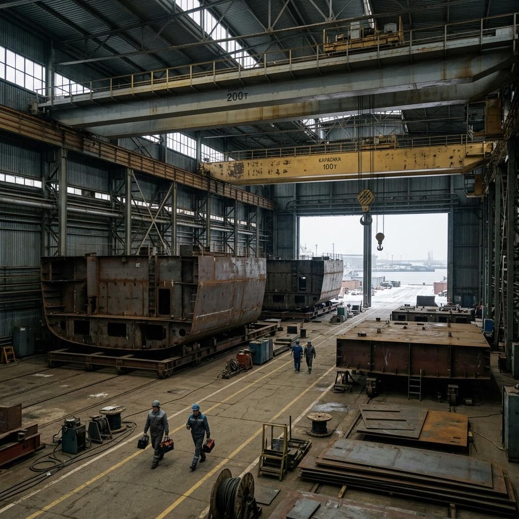 Russia shipyard hall showing two mistral-class amphibious assault ships equipment and a restrained supply-chain scene.