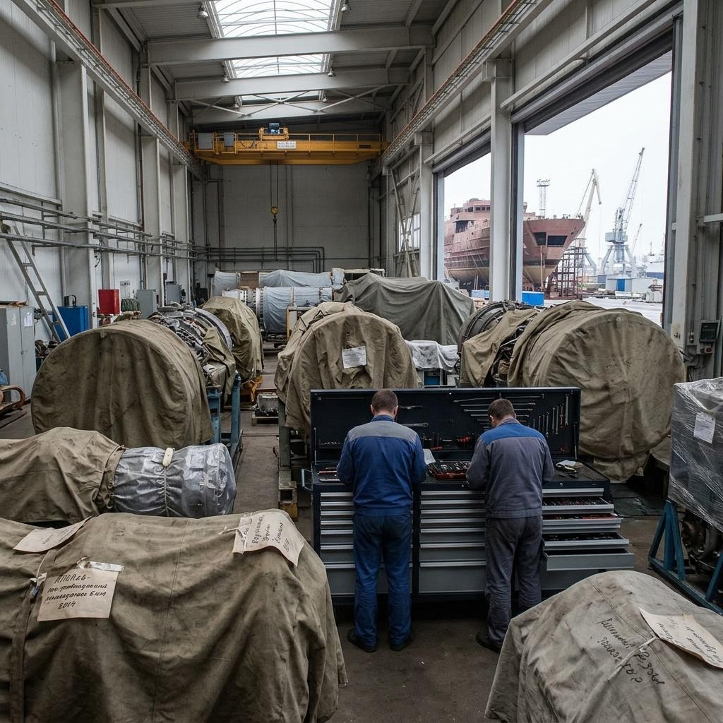 Russia maintenance bay showing naval gas-turbine engines and helicopter engines equipment and a restrained supply-chain scene.