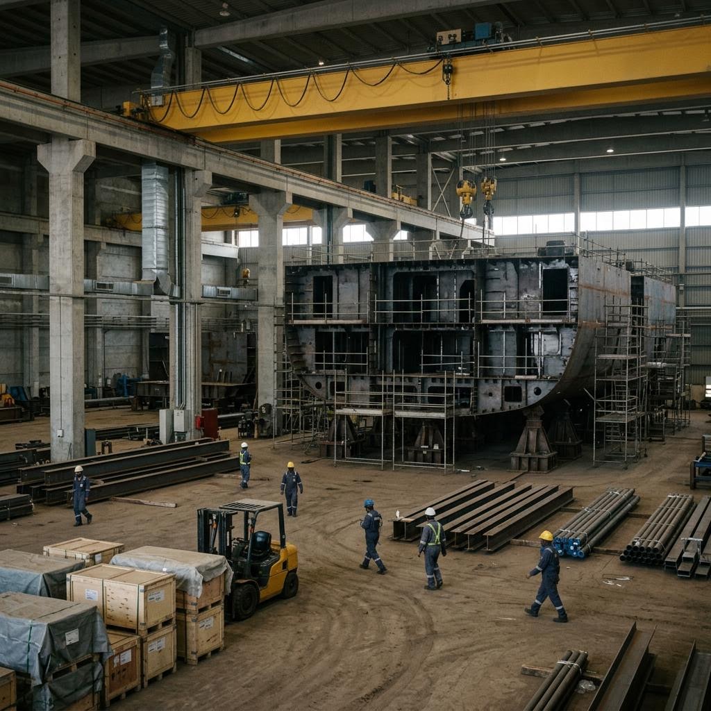 Saudi Arabia shipyard hall showing german-origin weapons and consortium components equipment and a restrained supply-chain scene.
