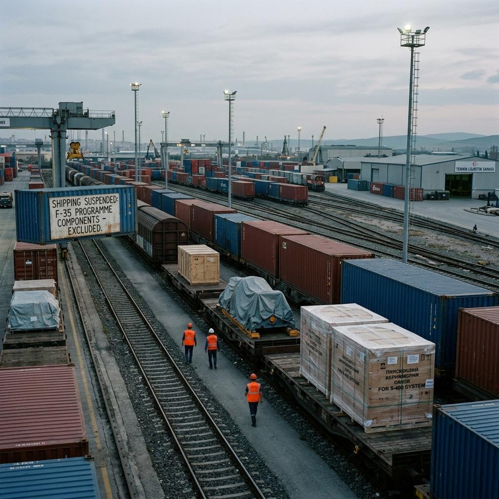 Turkey rail freight terminal showing f-35 aircraft and industrial participation equipment and a restrained supply-chain scene.