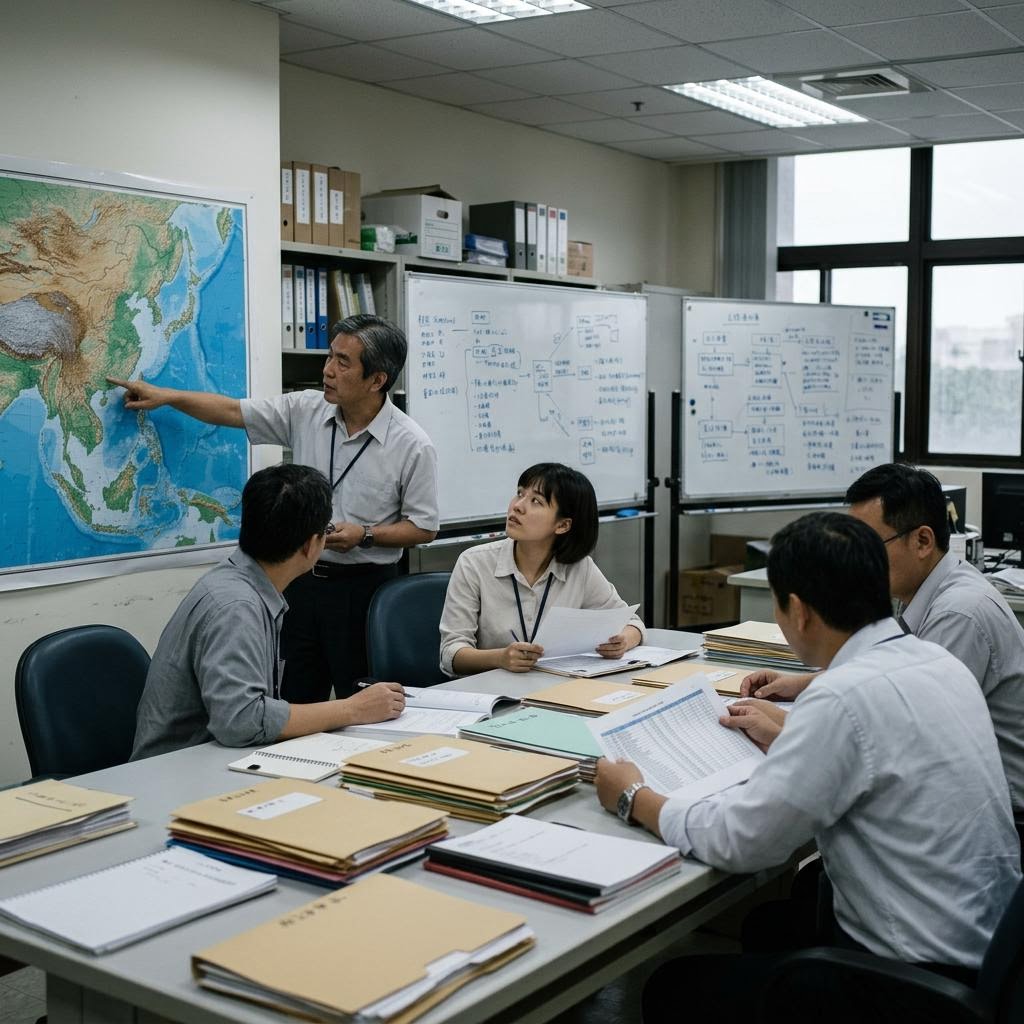 Taiwan procurement room showing backlogged us weapons deliveries equipment and a restrained supply-chain scene.
