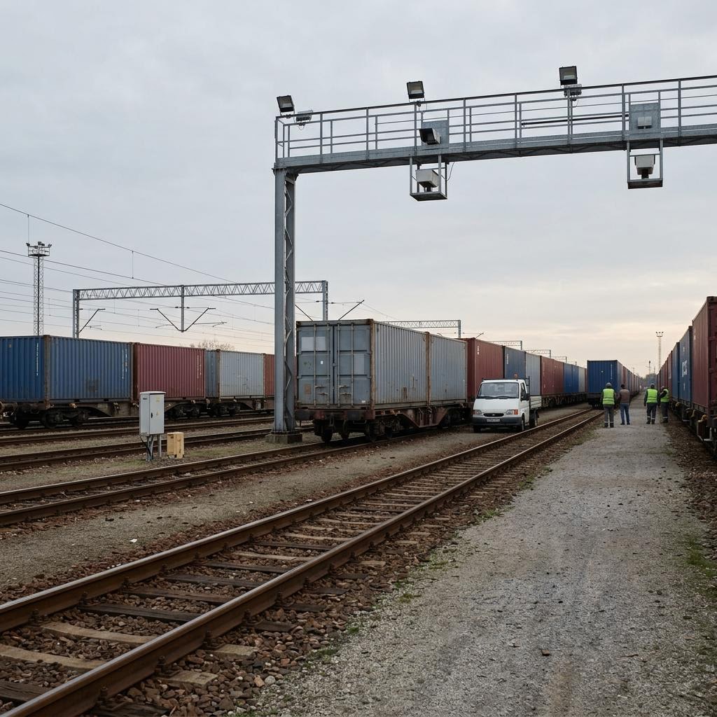 Ukraine rail freight terminal showing requested us lethal defensive weapons equipment and a restrained supply-chain scene.