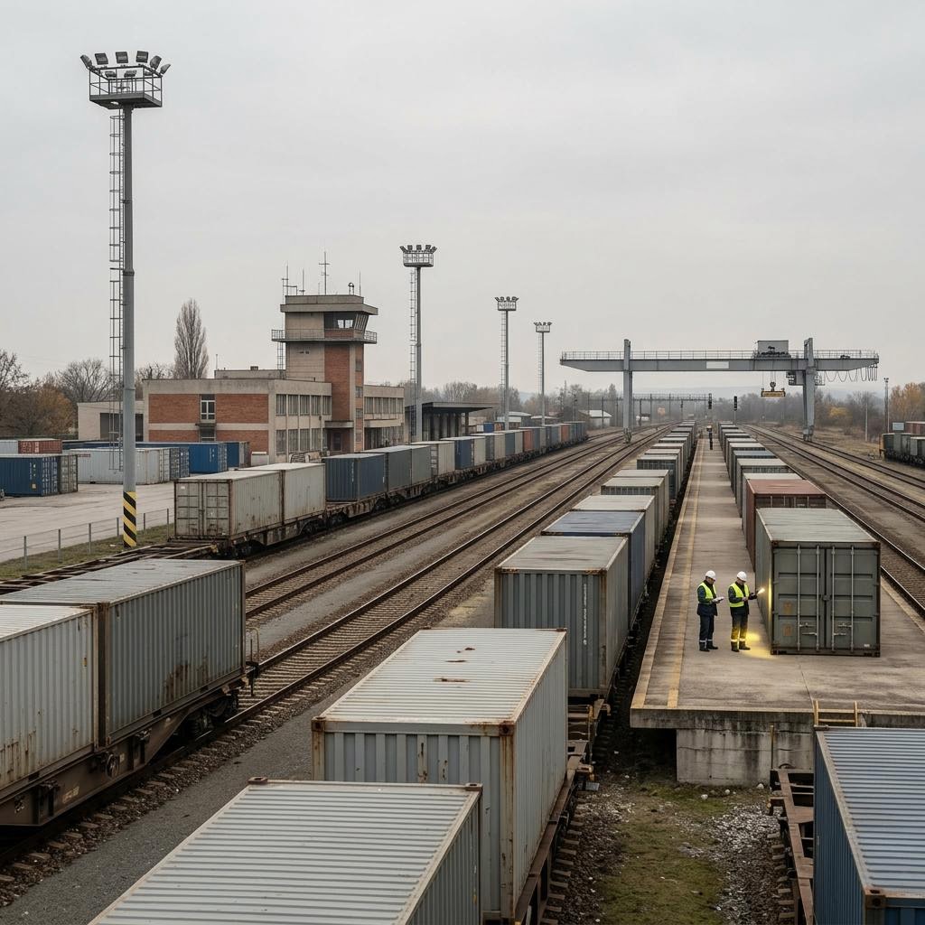 Ukraine rail freight terminal showing european financing for military needs equipment and a restrained supply-chain scene.