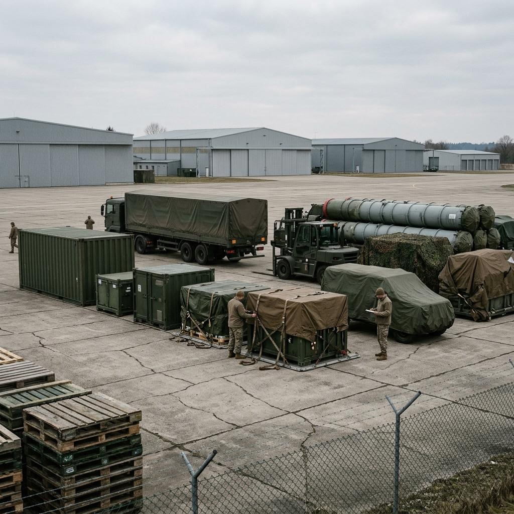 Ukraine airfield support apron showing patriot pac-3 interceptors and other us munitions equipment and a restrained supply-chain scene.