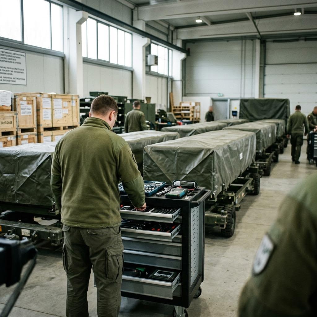 Ukraine maintenance bay showing patriot air-defence interceptors equipment and a restrained supply-chain scene.