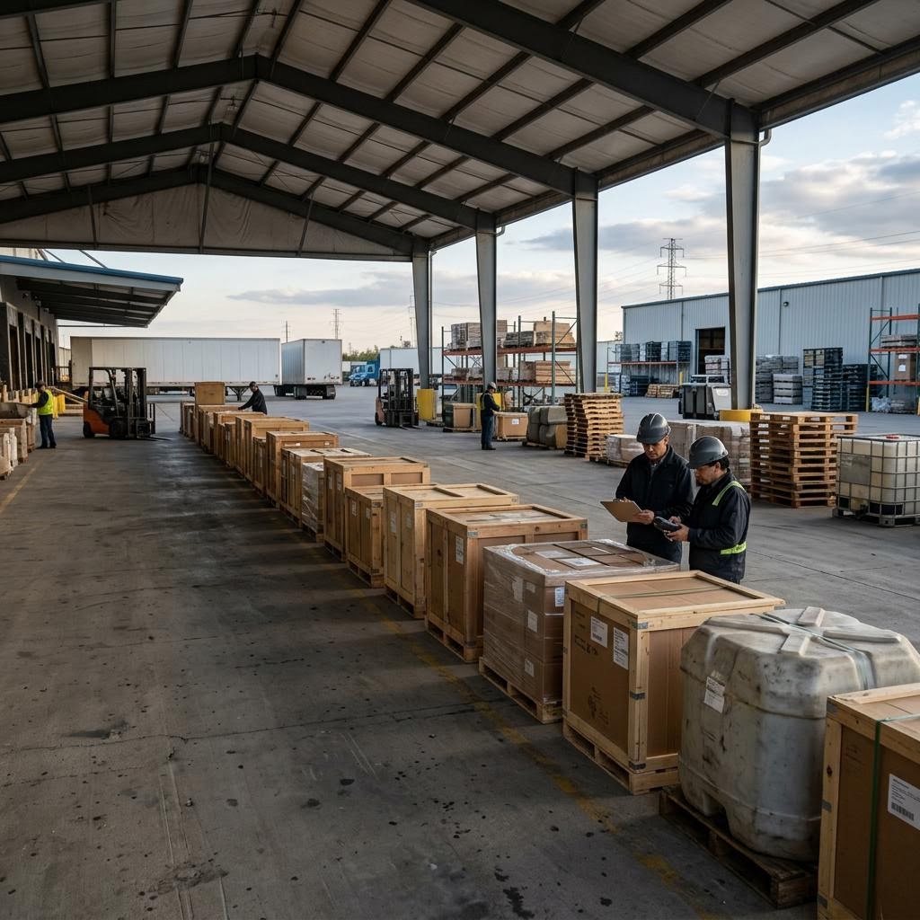 United States inspection queue showing rare-earth inputs for defence and aerospace production equipment and a restrained supply-chain scene.
