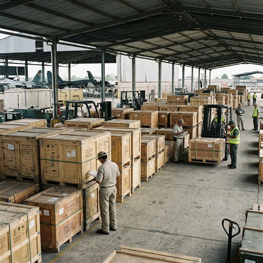 Venezuela inspection queue showing us-origin combat aircraft and other military equipment equipment and a restrained supply-chain scene.